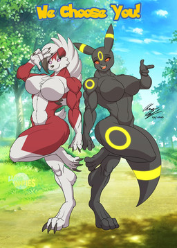 anthro anthrofied biceps big_breasts black_body black_fur breasts duo featureless_breasts female forest fur gesture hand_gesture muscular muscular_female nude path paws plant pointing pointing_at_viewer pokemorph red_body red_fur smile smiling_at_viewer text tree triceps white_body white_fur lunardiaries nintendo pokemon eeveelution generation_2_pokemon generation_7_pokemon lycanroc midnight_lycanroc pokemon_(species) umbreon hi_res