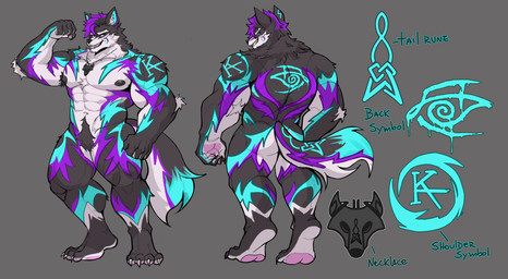 anthro fur gooner himbofication jock male male/male muscular norse_runes purple_body purple_fur solo teal_body teal_fur text arcanodraws mythology wolfpupsif canid canine canis mammal mythological_canine mythological_creature werecanid werecanine werecreature werewolf wolf absurd_res english_text hi_res model_sheet