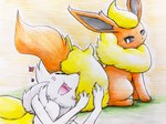 ambiguous_gender anthro blush blush_lines bodily_fluids duo embarrassed eyes_closed feral flower_symbol fluffy fluffy_tail fur inner_ear_fluff open_mouth orange_body orange_fur paws sweat tail tongue tuft white_body white_fur yellow_body yellow_fur eiroru nintendo pokemon braixen eeveelution flareon generation_1_pokemon generation_6_pokemon pokemon_(species) 2021 graphite_(artwork) traditional_media_(artwork)