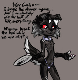 4_fingers anthro arm_markings arm_wraps biped black_body black_ears black_fur black_hair black_nose black_outline black_text black_wraps camel_toe chest_tuft claws clothed clothing collar countershade_tail countershading dialogue ellipsis female female_anthro fingers flat_chested floppy_ears fluffy fluffy_tail fur glistening glistening_eyes grey_background grey_hair hair highleg highleg_panties highleg_underwear holding_object holding_plate leg_markings markings medium_hair micro_panties name_in_dialogue open_mouth open_smile outline panties pink_claws plate question_mark red_sclera short_snout shoulder_markings simple_background skinny_anthro skinny_female small_waist smile standing tag_question tail teeth_showing text thin_neck topless topless_anthro topless_female tuft underwear white_body white_countershading white_eyes wide_hipped_anthro wide_hipped_female wraps soulcentinel hellaverse helluva_boss mythology molly_(violetechoes) canid canid_demon canine demon hellhound mammal mythological_canine mythological_creature digital_drawing_(artwork) digital_media_(artwork) english_text portrait spot_color three-quarter_portrait