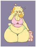 anthro belly belly_overhang big_breasts blush breasts clothing dipstick_tail eyes_closed female hair huge_hips huge_thighs markings messy_hair navel overweight overweight_anthro overweight_female panties pear-shaped_figure plushie rubbing_eyes smile solo squean tail tail_markings thick_thighs tired underwear wide_hips mulberrytarthorse animal_crossing nintendo isabelle_(animal_crossing) canid canine canis domestic_dog domestic_pig mammal suid suina sus_(pig) digital_media_(artwork) hi_res