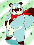 anthro balls belly blue_body blue_fur cute_fangs fangs fur genitals green_eyes kemono male navel overweight overweight_anthro overweight_male solo teeth armadirou canid canine mammal raccoon_dog tanuki 2016 3:4