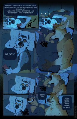 anthro belly dialogue electronics footprint fur hair kissing lying male male/male muscular muscular_male nipples on_side pawprint phone pillow teeth under_covers borkthunder canid canine kangaroo macropod mammal marsupial absurd_res comic digital_drawing_(artwork) digital_media_(artwork) hi_res