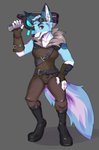 2020 absurd_res anthro belt big_ears black_nose blue_body blue_fur boots bottomwear canid canine cheek_tuft clothed clothing corelle-vairel cosplay countershade_tail countershading digital_media_(artwork) eyewear eyewear_on_head facial_tuft fennec_fox fingerless_gloves fluffy fluffy_tail footwear fox fur fur_coat gloves goggles goggles_on_head grey_background handwear hi_res hybrid inner_ear_fluff leather leather_strap looking_at_viewer male mammal markings multicolored_body multicolored_tail potion_launcher purple_eyes ranged_weapon red_fox simple_background smile solo straps tail teeth topwear true_fox tuft vest weapon weapon_on_shoulder white_body white_fur zee_(zfursee)