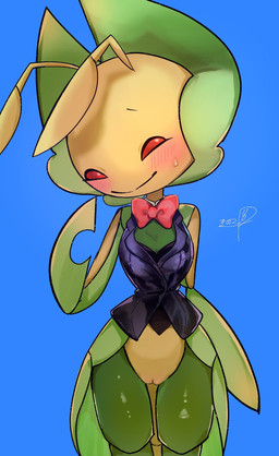 antennae_(anatomy) anthro biped blue_background blush blush_lines bottomless bottomless_anthro bottomless_female bow_tie clothed clothed_anthro clothed_female clothing cuffs_(clothing) female female_anthro front_view genitals glistening glistening_body green_body innie_vulva looking_at_viewer multicolored_body plump_labia pose red_eyes simple_background slim slim_anthro slim_female solo topwear two_tone_body vest vulva yellow_body kinokonunko nintendo pokemon generation_5_pokemon leavanny pokemon_(species) 2026 digital_drawing_(artwork) digital_media_(artwork) hi_res shaded signature soft_shading