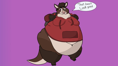 anthro backpack chubby_cheeks clothing dialogue embarrassed fat_legs hoodie male moobs obese overweight red_clothing thick_thighs tight_clothing topwear wardrobe_malfunction weight_gain mrfattydeer ollie_(bouncykauda) asinus donkey equid equine mammal 16:9 absurd_res hi_res widescreen