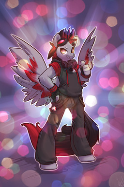 anthro biped black_bottomwear black_clothing black_pants bottomwear clothing cutie_mark dotted_background eyewear feathered_wings feathers gas_mask goggles grey_body grey_feathers grey_skin hoodie lens_flare male mask pants pattern_background red_body red_feathers simple_background solo standing topwear wings atryl hasbro my_little_pony mythology caliber fan_character equid equine mammal mythological_creature mythological_equine pegasus 2:3 absurd_res digital_media_(artwork) hi_res