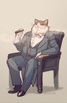 5_fingers anthro armchair bow_tie chair cigar clothed clothing fingers footwear formal fur furniture gloves handwear male on_armchair overweight overweight_anthro overweight_male plantigrade shoes sitting smoke smoking solo suit whiskers mullmull domestic_cat felid feline felis mammal signature