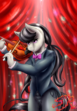 anthro anthrofied black_hair bow_(feature) bow_tie bowed_string_instrument clothing curtains female hair holding_object musical_instrument playing_music ponytail purple_eyes smile solo string_instrument suit violin swiftriff friendship_is_magic hasbro my_little_pony octavia_(mlp) earth_pony equid equine horse mammal pony 2017 hi_res portrait three-quarter_portrait