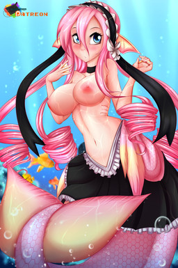 areola big_breasts blue_eyes blush breasts clothed clothing drill_curls eyelashes female fin hair head_fin long_hair looking_at_viewer membrane_(anatomy) monster_girl_(genre) nipples patreon_logo pink_hair solo split_form topless underwater water webbed_hands rainbowscreen monster_musume patreon meroune_lorelei_(monster_musume) animal_humanoid aquatic aquatic_humanoid fish fish_humanoid humanoid merfolk 2016 absurd_res digital_media_(artwork) hi_res shaded