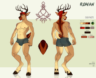 abs anthro antlers arm_markings back_markings beard bottomwear brown_body brown_fur bulge clothed clothing facial_hair front_view fur glistening glistening_eyes goatee green_eyes grey_bottomwear grey_clothing hair horn looking_at_viewer male markings mouth_closed muscular muscular_anthro muscular_male narrowed_eyes navel nipples pecs rear_view red_beard red_facial_hair red_hair red_nipples short_hair simple_background solo standing tan_body tan_fur text topless apple-faced rowan_(the_glorious_goat) deer mammal 2021 artist_name dated english_text hi_res model_sheet