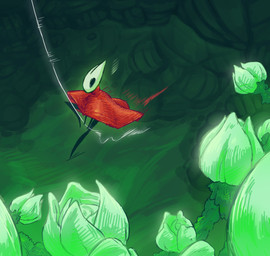 2_horns ambiguous_gender biped black_eyes cloak clothed clothing empty_eyes horn motion_lines plant red_cloak red_clothing solo thread sharpski hollow_knight:_silksong hollow_knight_(franchise) team_cherry hornet_(hollow_knight) arthropod 2026 absurd_res hi_res female_(lore)