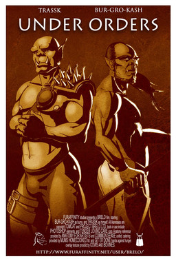 armor bandolier beard border bottomwear bulge clothing duo ear_piercing ear_ring facial_hair humanoid_pointy_ears male movie_poster muscular muscular_male navel nipples pants pecs piercing pointy_ears ring_piercing shirtless text tusks white_border brelo_(artist) trassk humanoid orc english_text hi_res url