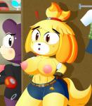 anthro areola big_areola big_breasts big_nipples breasts clothed clothing duo erect_nipples exposure_variation female fur hair looking_at_viewer navel nipples partially_clothed puffy_areola puffy_nipples short_stack wardrobe_malfunction slickehedge animal_crossing nintendo isabelle_(animal_crossing) label_able canid canine canis domestic_dog eulipotyphlan hedgehog mammal shih_tzu toy_dog hi_res