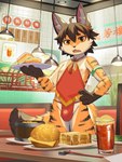 ahoge anthro apron areola arm_markings armband asian_clothing back_markings bangs beverage biped black_nose bottomwear bread brown_body brown_claws brown_ears brown_eyebrows brown_fur brown_hair brown_hands brown_markings brown_stripes brown_tail_tip bulge ceiling chinese_clothing chopsticks claws clothed clothed_anthro clothed_male clothing container countershade_arms countershade_face countershade_fur countershade_legs countershade_tail countershade_torso countershading crotch_lines cup detailed_bulge dipstick_tail drinking_glass dudou dumplings east_asian_clothing eyebrows finger_claws fingers fluffy fluffy_tail food front_view fundoshi fur fur_markings furniture glass glass_container glass_cup gloves_(marking) green_armband hair hair_between_eyes hand_on_hip hand_on_own_hip holding_object holding_plate inner_ear_fluff inside inverted_nipples iris japanese_clothing kemono lamp leg_markings light long_tail looking_at_viewer male male_anthro markings monotone_hair multicolored_body multicolored_fur nipples open_mouth orange_body orange_fur pantsless pantsless_anthro pantsless_male paws pink_areola pink_inner_ear plant plate pose public pupils red_apron red_clothing red_fundoshi red_underwear restaurant sandwich_(food) shirtless shirtless_anthro shirtless_male short_hair skimpy solo standing striped_body striped_fur striped_markings stripes table tail tail_markings tea text tile tile_wall toe_claws topwear tray tuft underwear waiter wall_(structure) white_body white_countershading white_fur white_inner_ear_fluff white_sclera white_tuft yellow_eyes hauhau_mg yeorangyee canid canine felid fox hybrid mammal pantherine tiger absurd_res chinese_text hi_res lighting pinup portrait three-quarter_portrait