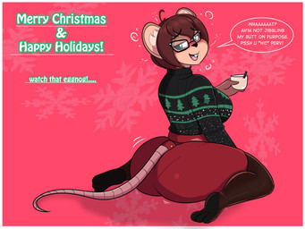 anthro big_breasts big_butt blush breasts butt clothed clothing dialogue drunk eggnog eyewear female glasses hair holiday_message holidays inner_ear_fluff motion_lines solo substance_intoxication sweater text topwear tuft wide_hips jwinkz christmas celine_(jwinkz) mammal mouse murid murine rodent 4:3 english_text hi_res