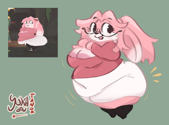 anthro areola areola_slip barely_visible_nipples belly big_belly big_breasts big_butt black_boots black_clothing black_footwear boots bottomwear breasts butt clothing eyelashes eyewear female footwear freckled_face freckles glasses hair huge_belly huge_butt long_eyelashes miniskirt motion_lines nipples overweight overweight_female pink_body pink_clothing pink_hair rabbit_ears shoes skirt solo tuft yuka_tanga atlyss lagomorph leporid mammal poon_(atlyss) rabbit hi_res