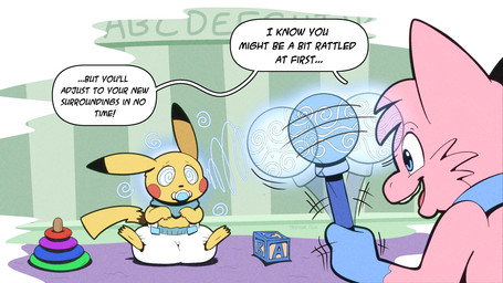 age_regression blue_body blue_fur cheek_spots dialogue diaper duo fur hypnosis mind_control object_in_mouth pacifier pacifier_in_mouth pink_body pink_fur rattle speech_bubble spiral spiral_eyes tail text yellow_body yellow_fur trevor-fox nintendo pokemon aoi_(wuppy245) generation_1_pokemon legendary_pokemon mew_(pokemon) pikachu pokemon_(species) english_text hi_res