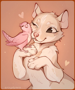 ambiguous_gender anthro arm_tuft beak black_eyes border brown_background brown_body brown_border brown_claws brown_fur cheek_tuft claws countershade_torso countershading duo eyebrows eyelashes facial_tuft fangs feathered_wings feathers feral fluffy_fur fur fur_markings hairless_inner_ear happy head_tuft heart_symbol markings nuzzling open_beak open_mouth open_smile paws pink_body pink_claws pink_feathers pink_inner_ear shoulder_tuft simple_background size_difference smile standing_on_another tail tail_feathers teeth tuft white_eyebrows wings rinyabjorn avian bird mammal unknown_species 2025 colored_line_art hi_res shaded signature