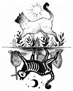 ambiguous_gender bone crescent_moon cross duo feral fern fur moon skeleton skull sun tail tombstone walking whiskers feefal colorpoint domestic_cat felid feline felis mammal undead hi_res monochrome