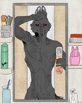 anthro brush comb_(brush) fur hairbrush looking_at_viewer male mirror nude red_eyes simple_background solo text riseidokokana canid canine canis mammal wolf 4:5 japanese_text translated