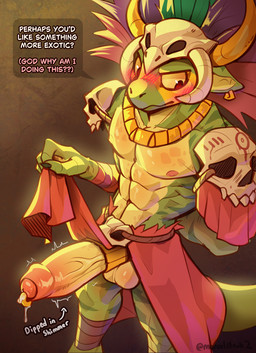 abs accessory anthro areola balls big_penis blush blush_lines cock_ring erection flustered foreskin genital_piercing genitals jewelry male motion_lines muscular muscular_anthro muscular_male nipples pecs penis penis_accessory penis_jewelry penis_piercing piercing prince_albert_piercing raphe_(anatomy) serratus shy solo text tribal tribal_clothing tribal_jewelry twunk vein veiny_penis mashedsteak2.0 terraria shimmered_witch_doctor witch_doctor_(terraria) lihzahrd lizardman scalie english_text hi_res