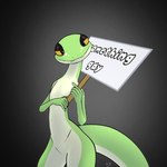 anthro countershading green_body holding_object holding_sign looking_at_viewer male orange_eyes sign simple_background solo text wide_hipped_male varlastreak teeku_(varlastreak) anole carolina_anole lizard reptile scalie 1:1 english_text