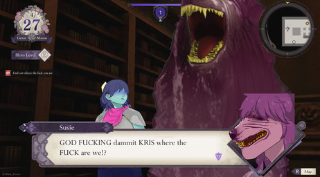 anthro clothed clothing dialogue duo fangs female hair humor inside library male open_mouth parody profanity purple_body purple_hair screencap screencap_background sharp_teeth teeth text text_box mana_draws deltarune fire_emblem fire_emblem_three_houses kris_where_are_we nintendo undertale_(series) kris_dreemurr susie_(deltarune) human mammal monster 2021 crossover english_text hi_res meme