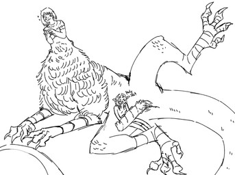 animal_genitalia big_penis breasts clasped_hands cloaca cloacal_penis dialogue duo embarrassed erection feathers feet female genitals gynomorph hand_on_penis heart_symbol holding_penis huge_penis intersex intersex/female long_tail lying medium_breasts nude on_side penile_spines penis presenting presenting_penis sitting sitting_on_another size_difference small_breasts tail talons tapering_tail text toes adultfuntime delicious_in_dungeon mythology falin_touden marcille_donato dragon dragon_taur elf feathered_dragon feathered_dragon_taur feathered_scalie humanoid mythological_creature mythological_scalie scalie taur black_and_white english_text monochrome sketch