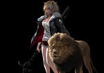 black_background blonde_hair bottomwear breasts clothing duo female feral fur hair holding_object holding_weapon jacket looking_at_viewer mane object_in_mouth shirt shorts simple_background topwear weapon cloudbox9 arknights hypergryph studio_montagne siege_(arknights) animal_humanoid felid felid_humanoid humanoid lion mammal mammal_humanoid pantherine 2020 hi_res