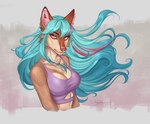 anthro blue_hair breasts cheek_tuft clothing ear_piercing ear_ring eyebrows eyelashes facial_tuft female fur hair inner_ear_fluff long_hair looking_at_viewer piercing pink_eyes pink_nose ring_piercing simple_background solo tan_body tan_fur topwear tuft ariagoldberry aria_(ariagoldberry) canid canine canis mammal wolf absurd_res artist_name digital_media_(artwork) hi_res portrait