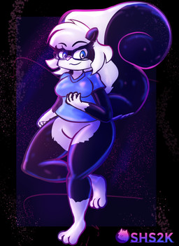 3_toes abstract_background anthro big_tail black_body blue_clothing blue_shirt blue_topwear bottomless breasts clothed clothing eyebrow_through_hair eyebrows eyewear featureless_crotch feet female female_anthro fluffy fluffy_tail fur glasses gloves_(marking) hair happy leg_markings legwear looking_at_viewer markings multicolored_body partially_clothed shirt socks_(marking) solo tail toes topwear translucent translucent_hair two_tone_body white_body white_hair conditional_dnp superhypersonic2000 sabrina_online sabrina_(sabrina_online) mammal mephitid skunk 2025 absurd_res digital_drawing_(artwork) digital_media_(artwork) hi_res