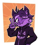 anthro black_nose border clothing eyebrows fangs fur gesture hair hair_over_eye hand_gesture hand_on_hip hand_on_own_hip highlights_(coloring) inner_ear_fluff jacket looking_at_viewer male one_eye_closed one_eye_obstructed orange_background print_clothing print_jacket print_topwear purple_body purple_clothing purple_eyes purple_fur purple_hair purple_inner_ear purple_inner_ear_fluff purple_jacket purple_topwear short_hair simple_background smile smiling_at_viewer solo teeth topwear tuft v_sign white_border wink glitcharttv domestic_cat felid feline felis mammal 2023 colored