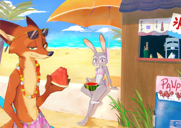 anthro bar beach bikini bitten_food blue_sky clothing cloud crossed_legs cutlery duo eating_fruit eyewear eyewear_on_head female flower_necklace food fruit grass hand_in_pocket kitchen_utensils looking_at_viewer male melon narrowed_eyes palm_tree parasol plant pockets pointy_ears popsicle sand sea sitting_on_wall sky spoon standing sunglasses sunglasses_on_head swimming_trunks swimwear text tools tree two-piece_swimsuit water watermelon wearing_sunglasses pangolenz disney zootopia judy_hopps nick_wilde canid canine fox lagomorph leporid mammal rabbit english_text hi_res japanese_text