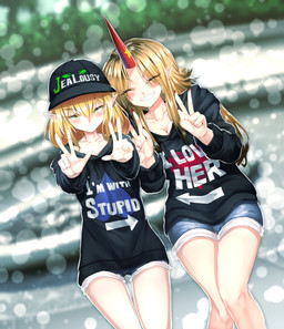 1_horn baseball_cap black_baseball_cap black_clothing black_hoodie black_topwear blonde_hair blush bottomwear breasts cleavage clothed clothing collarbone denim denim_bottomwear denim_clothing denim_shorts directional_arrow duo eyes_closed female female/female gesture green_eyes grin hair hand_gesture hat headgear headwear heart_symbol hoodie horn humanoid_pointy_ears looking_at_viewer open_mouth open_smile pointy_ears shorts smile text text_on_clothing text_on_hat text_on_headwear text_on_hoodie text_on_topwear topwear sup524 asian_mythology east_asian_mythology i'm_with_stupid japanese_mythology mythology touhou parsee_mizuhashi yuugi_hoshiguma demon hashihime horned_humanoid humanoid oni yokai absurd_res english_text hi_res portrait three-quarter_portrait unavailable_at_source