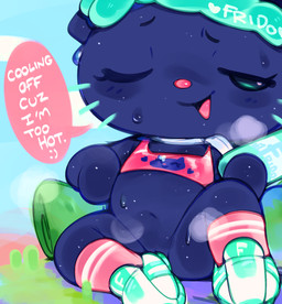 anthro barely_visible_genitalia barely_visible_vulva bent_legs blue_body blush blush_lines bodily_fluids bottomless bottomless_anthro bottomless_female clothed clothed_anthro clothed_female clothing crop_top dialogue eyebrows eyelashes featureless_hands female female_anthro footwear genitals half-closed_eyes holding_object long_eyelashes monotone_body multicolored_clothing multicolored_footwear multicolored_shoes musk musk_cloud narrowed_eyes navel one_eye_closed open_mouth open_smile outside pink_clothing pink_crop_top pink_footwear pink_nose pink_shirt pink_socks pink_speech_bubble pink_topwear shirt shoes sitting smile socks solo speech_bubble sweat sweaty_body teal_clothing teal_footwear teal_shoes teal_whiskers text topwear two_tone_clothing two_tone_footwear two_tone_shoes vulva whiskers white_clothing white_footwear white_shoes white_text young young_anthro young_female ligma_(artist) hello_kitty_(series) sanrio frido_(hello_kitty) domestic_cat felid feline felis mammal 2025 digital_media_(artwork) english_text hi_res shaded soft_shading