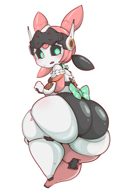 big_butt black_body black_sclera bodily_fluids bow_(feature) breasts butt female glistening glistening_butt green_eyes hair huge_butt huge_hips hyper hyper_butt hyper_hips joints looking_back machine non-mammal_breasts not_furry pink_body pink_hair pseudo_hair shortstack side_boob simple_background small_breasts solo sweat sweatdrop thick_thighs white_background white_body wide_hips mossyartburger mihoyo zenless_zone_zero yutane_johiel humanoid robot robot_humanoid 2026 absurd_res digital_drawing_(artwork) digital_media_(artwork) hi_res