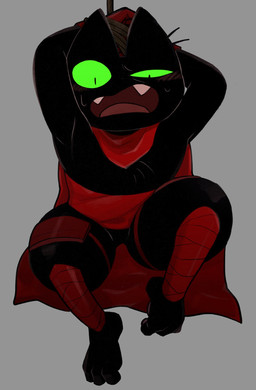anthro arms_tied black_body black_fur blush bodily_fluids bound cape captured clothing digitigrade fur green_eyes male pawpads red_clothing sharp_teeth solo sweat teeth oyasmis cartoon_network mao_mao:_heroes_of_pure_heart sheriff_mao_mao_mao domestic_cat felid feline felis mammal hi_res