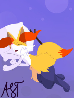 3_fingers 3_toes ambiguous_gender biped dipstick_tail eyes_closed feet feral fingers fur grey_body grey_skin inner_ear_fluff long_tail lying markings object_in_tail open_mouth orange_inner_ear_fluff orange_tail_tip pink_nose purple_background simple_background sleeping solo stick stick_in_tail tail tail_markings text toes tuft white_body white_fur yellow_body yellow_ears yellow_fur yellow_tail fulgito_ast nintendo pokemon braixen generation_6_pokemon pokemon_(species) 2025 3:4 artist_name hi_res