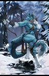 abs anthro arrow_(weapon) arrows black_bars blue_body blue_fur bottomwear bow_(weapon) clothing cuff_(restraint) dagger drawn_bow forest forest_background fur hunter loincloth long_tail male melee_weapon muscle_tone muscular nature nature_background neck_tuft pecs plant raised_leg ranged_weapon restraints snow solo tail tail_tuft thigh_muscles tree tuft weapon white_body white_fur wrist_cuffs ekagos frost_jeckals_(huf13) fenril_(spicy_flakes) absurd_res hi_res letterbox