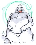 ambiguous_gender anthro belly belly_fondling big_belly blush claws fur grey_body grey_fur hands_on_belly huge_belly nude one_eye_closed open_mouth open_smile overweight overweight_ambiguous overweight_anthro smile solo standing teeth thick_thighs tongue tongue_out white_body white_fur wink gravewalker mammal marine pinniped seal