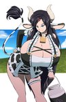 animal_print bent_over big_breasts black_hair blue_eyes breasts cleavage clothed clothing collar cow_print cowbell female hair hand_on_hip holding_object huge_breasts legband raised_tail solo tail thighband kojiro-brushard lessien animal_humanoid bovid bovid_humanoid bovine bovine_humanoid humanoid mammal mammal_humanoid hi_res