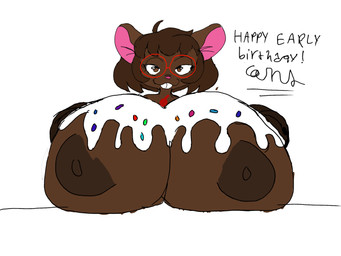 anthro areola big_breasts breasts brown_body brown_hair eyewear female frosting frosting_on_breasts glasses hair huge_breasts icing icing_on_body nipples solo text puntthecat snorky_(artist) gwen_geek gwen_martin mammal mouse murid murine rodent 4:3 english_text hi_res