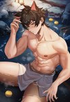 5_fingers abs biped black_hair blue_eyes collarbone fingers food fruit hair heterochromia hot_spring human_and_animal_ears male multi_ear muscular muscular_humanoid muscular_male partially_submerged pecs plant solo tail towel towel_only water nemuimori animal_humanoid cat_humanoid felid felid_humanoid feline feline_humanoid humanoid mammal mammal_humanoid tailed_humanoid hi_res