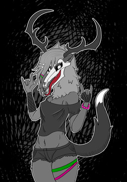 abstract_background alternative_fashion anthro antlers arm_warmers armwear biped black_clothing black_crop_top black_sclera black_shirt black_topwear bottomwear bracelet breasts clothed clothed_anthro clothed_female clothing crop_top denim denim_bottomwear denim_clothing denim_shorts devil_horns_(gesture) ear_piercing ear_ring female fingers fishnet_arm_warmers fishnet_armwear fishnet_clothing fishnet_gloves fishnet_handwear front_view fur gesture gloves grey_body grey_fur hand_gesture handwear horn humanoid_hands jewelry looking_at_viewer medium_breasts medium_hair midriff navel neck_tuft open_mouth open_smile outline piercing pose ring_piercing shirt shorts smile solo tail tongue tongue_out topwear tuft white_eyes white_outline gothgator0 american_mythology indigenous_north_american_mythology mythology north_american_mythology mammal wendigo absurd_res digital_media_(artwork) hi_res portrait restricted_palette three-quarter_portrait