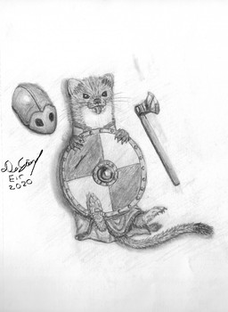 ambiguous_gender armor clothed clothing feral fur looking_at_viewer shield solo tongue tongue_out weapon lied_etal domestic_ferret mammal mustelid musteline true_musteline weasel graphite_(artwork) hi_res monochrome traditional_media_(artwork)