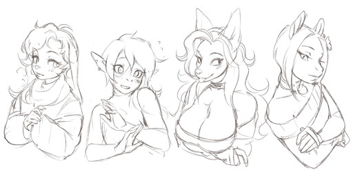 ambiguous_gender anthro female group simple_background frenky_hw aquatic canid canine equid equine fish lagomorph leporid mammal rabbit shark guide_lines hi_res shaded simple_shading