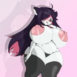 ahoge anthro big_breasts breasts clothing erect_nipples female footwear fur hair huge_breasts legwear long_hair multicolored_hair nipples nude pink_hair socks solo thigh_highs thigh_socks white_body white_fur mrschllyay nikki_(saucy) felid feline mammal 1:1 absurd_res hi_res