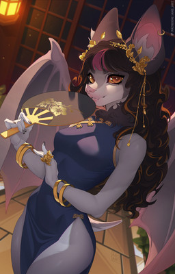 anthro asian_clothing bat_ears bat_tail bat_wings bracelet brown_hair chinese_clothing chinese_dress claws clothing countershading dress ear_piercing east_asian_clothing fangs female fur gold_(metal) gold_jewelry grey_body grey_fur hair highlights_(coloring) jewelry lamp lantern leaf_nose long_hair membrane_(anatomy) membranous_wings multicolored_body multicolored_fur multicolored_hair paper_fan piercing pink_highlights solo tail teeth wavy_hair window wings yellow_eyes ansart lunar_new_year melissa_(leaverwin) bat california_leaf-nosed_bat mammal 2026 absurd_res hi_res