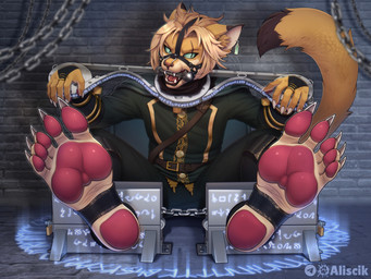 5_toes anthro barefoot bdsm bondage bound chain chained claws clothed clothing collar cuff_(restraint) cuffs_to_collar dungeon fantasy feet foot_fetish foot_focus fully_bound fully_clothed gag hair humanoid_feet lock male metal_collar muzzle_(object) pawpads plantigrade prisoner pupils restraints shackles sitting slit_pupils soles solo stocks submissive submissive_male tail toe_claws toes aliscik sterling_(ilovefeetandpaw) domestic_cat felid feline felis mammal hi_res
